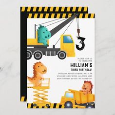 a construction themed birthday party with animals on the front and back of it, including a crane