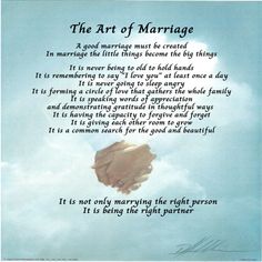 the art of marriage poem with hands holding each other in front of blue sky and clouds