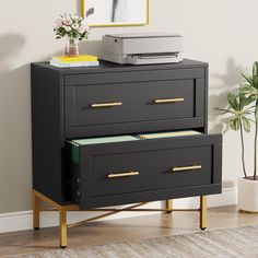 a black dresser with two drawers and a printer on top of it next to a potted plant