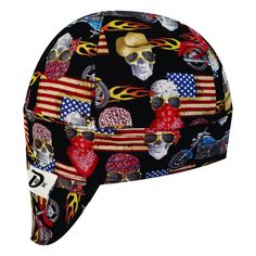 "Fabric This Black Blazing Motorcycles print is a soft woven cotton | Fabric is color fast | Print design fits great on a 6-panel cap | The plain black background really sets off the American flag & the skulls... I also love that there's a motorcycle on the same print... love it! 🏍️ | Fabric is an easy wash & wear cotton | This fabric is a medium weight fabric making it super comfy to wear all day & yet still long lasting! | There are three (3) different sized images which are; skull being approximately 1 1/2\" x 1 1/2\", the American flag that is approximately 2\" x 3\", & the motorcycle which is approximately 1 1/2\" x 3\" 💀 Cap Designs Crown & band is double stitched for added durability for the wearer | Band is a wide 1 1/2 inches & bill (Visor) is a deep 3 inches in length to cover Welding Cap, Plain Black Background, Noir Uni, Welding Caps, 6 Panel Cap, Cap Designs, Fabric Making, Straight Stitch, Skull Cap Beanie