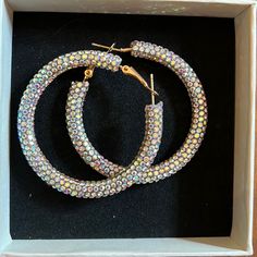 New Never Worn Hoop Earrings Covered In Iridescent Stones That Sparkle In Every Direction Great For Night Out. Halloween 70s, Disco, Aesthetic Costume. Trendy Sparkling Hoop Earrings For Party, Metal Hoop Earrings For Parties, Party Hoop Earrings With Bling, Iridescent Sparkling Earrings, Small Hoop Crystal Earrings For Party, Round Hoop Earrings For Party, Small Hoop Earrings For Party, Gift Hoop Earrings, Metal Small Hoop Crystal Earrings For Parties