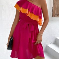 Super Fun Brand New Pink And Orange One Shoulder Ruffled Dress From Moda Me Couture! Soft And Lightweight. Flowing And Flattering! Cinched Waist. Comes With Removable Belt, But Would Be Super Cute With All Types Of Belts! Easily Dressed Up Or Down And Great For All Different Occasions! Approx 20” Waist To Hem. Size S/4 One Shoulder Ruffle Sundress, One-shoulder Ruffled Sundress, One-shoulder Ruffle Hem Dress For Vacation, Flirty Pink One-shoulder Dress, Elegant Pink Mini Ruffle Dress, Feminine Pink One-shoulder Mini Dress, Pink One Shoulder Ruffled Mini Dress, Multicolor One-shoulder Ruffle Dress, Pink Ruffle Dress For Summer Vacation