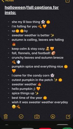 an iphone screen with the text halloween / fall captions for insta on it