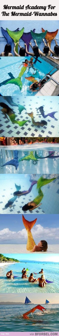 four different images of the same body of water with people swimming in it and one is floating