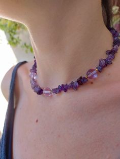 Glass beads and natural Amethyst chip stones are used for this necklace. This beautiful Amethyst handmade necklace, a great gift for yourself and a loved one.. Used material: Amethyst chip stones and gold plated apparatus. Lavender Necklaces With Natural Stones For Gift, Lavender Amethyst Necklaces For Jewelry Making, Lavender Crystal Necklaces With Natural Stones For Gift, Lavender Gemstone Beaded Necklace For Gift, Bohemian Amethyst Gemstone Beads Crystal Necklaces, Amethyst Necklace With Natural Stones For Jewelry Making, Amethyst Natural Stones Necklace For Jewelry Making, Lavender Crystal Necklace With Natural Stones For Gift, Amethyst Natural Stones Necklace Gift