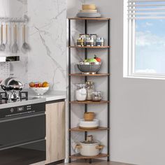 a kitchen with an oven, stove and shelves in the corner that hold various items