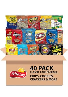 an open cardboard box filled with chips, cookies and crackers on the inside is text reading 40 pack classic care package chips, cookies & more