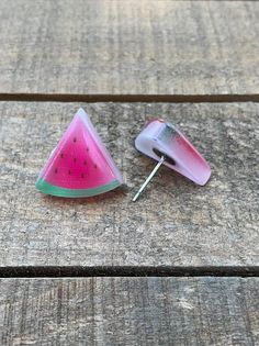 Watermellon shaped acrylic earring. Trendy Resin Jewelry With Matching Earrings, Trendy Nickel-free Resin Jewelry, Trendy Pierced Resin Jewelry, Handmade Clear Plastic Earrings, Trendy Pink Resin Jewelry, Trendy Adjustable Resin Jewelry, Pink Resin Jewelry For Summer, Summer Pink Resin Jewelry, Trendy Clear Resin Jewelry