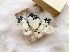 two white butterflies sitting on top of a box