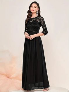 Elegant Contrast Lace Pleated Dress – ffmetro Floor-length Evening Dress With Lace Back For Prom, Evening Dress With Lace Trim For Prom, Elegant Evening Dress With Lace Trim For Prom, Elegant Chiffon Lace Dress For Party, Floor-length Bridesmaid Dress With Lace Bodice, Formal Lace Sleeve Dress For Prom, Chiffon Maxi Dress With Lace Trim, Formal Dresses With Lace Sleeves For Prom Season, Evening Gown With Lace Trim And Maxi Length