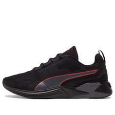 PUMA Disperse Xt Low Top Running Shoes Black/Grey/Red 193728-12 (SNKR) Black Puma Training Sneakers, Black Puma Running Sneakers, Black Puma Sneakers For Running, Black Running Shoes With Red Sole For Light Sports, Black Running Shoes With Red Sole, Synthetic Material, Black Low-top Running Shoes With Red Sole, Functional Black Running Shoes With Puma Logo, Black Puma Running Shoes For Sports, Gray Puma Sneakers For Sports