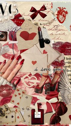 a collage with red and white designs on it, including hearts, lipstick, perfume bottles, cards, and paper