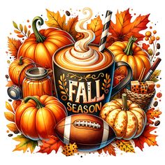 a coffee cup surrounded by autumn leaves and pumpkins with the words fall season written on it