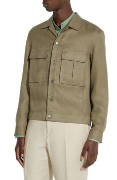 This all-linen overshirt can easily be called on for lightweight-jacket duty thanks to its twill fabrication, while roomy patch pockets add utility. Front button closure Spread collar Long sleeves with button cuffs Chest flap-patch pockets; side-seam pockets 100% linen Dry clean or machine wash, line dry Made in Italy Designer Clothing Spring Linen Utility Jacket With Flap Pockets, Khaki Tops With Lapel Collar And Pockets, Button-up Linen Utility Jacket With Pockets, Linen Button-up Utility Jacket With Pockets, Linen Outerwear With Flap Pockets And Lapel Collar, Linen Outerwear With Lapel Collar And Flap Pockets, Utility Unstructured Top With Patch Pockets, Khaki Linen Outerwear With Pockets, Khaki Camp Collar Outerwear With Pockets