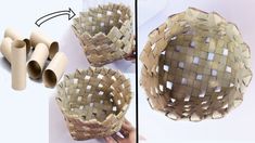 two pictures showing how to make a basket out of toilet paper and rolled up rolls