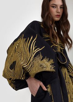 Luxurious Black/Gold Peacock Women's Midi Caftan Yuliya Magdych Bohemian Kaftan With Gold Embroidery For Festive Occasions, Festive Bohemian Kaftan With Gold Embroidery, Gold Embroidered Kaftan, Bohemian Kaftan With Gold Embroidery For Festivals, Embroidered Dresses With Kimono Sleeves For Festive Occasions, Festive Embroidered Dresses With Kimono Sleeves, Festive Embroidered Dress With Kimono Sleeves, Bohemian Kaftan With Gold Embroidery, Gold Bohemian Kaftan With Resham Embroidery