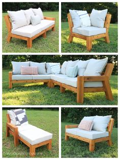 four pictures of different types of outdoor furniture in the grass, including a couch and chaise lounge