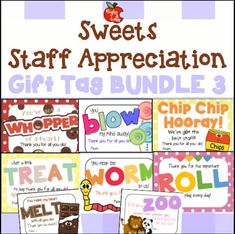 a bunch of cards with words and pictures on them that say,'sweet appreciation gift tag