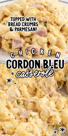 chicken cordon bleu casserole with bread crumbs and parmesan