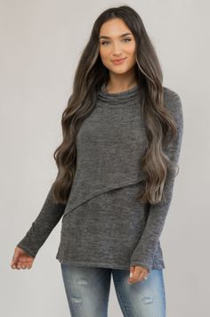 NURSING QUEEN Asymmetrical Nursing Sweater - Gray Gray Soft Knit Top For Layering, Gray Asymmetrical Top For Layering, Cozy Gray Tops For Layering, Heather Grey Tops For Fall Layering, Heather Grey Tops For Layering In Fall, Formal Nursing Dress, Nursing Tops Breastfeeding, Nursing Outfit, Nursing Sweater