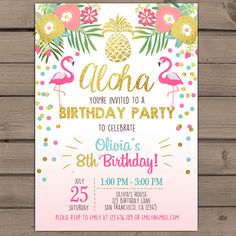 a pink and gold birthday party with flamingos, pineapples and flowers on it