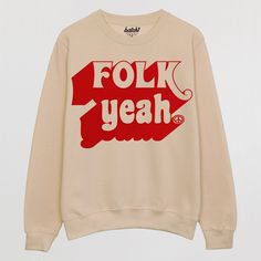 "Super-soft men's sweatshirt with \"Folk Yeah\" slogan and peace sign. Peace, love and music. You'll be festival ready in this sweet slogan sweat with 70s style print.  Makes a great gift or treat yourself to one! All Batch1 products are lovingly designed, printed and packed by hand in the UK at Batch1 HQ. Our garments are made to order to minimise wastage and printed using water-based, eco-friendly inks. We are committed to creating on-trend, environmentally friendly, ethically-made garments that contribute to a more sustainable fashion future. Material: 80% cotton, 20% polyester, brushed fleece inside This sweatshirt is: WRAP Certified, Sedex Sourced Care: Machine wash Size Guide (chest to fit/ UK women's sizes): XS - 34\" - 8, S - 36\" - 10, M - 40\" - 12, L - 44\" - 14, XL - 48\" - 16, Love And Music, Slogan Sweater, Flock Print, Women Slogan, Western Clothes, Slogan Sweatshirt, 70s Style, Work Shirt, Peace Sign