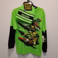 Kidsteenage Mutant Ninja Turtles T-Shirt Combo With Hat Youth Size L( 10/12 ). Nwt Black Crew Neck Tops For Playwear, Green Long Sleeve T-shirt For School, Green Long Sleeve School T-shirt, Green Crew Neck T-shirt For Play, Winter Pjs, Spiderman Kids, Toddler Pajamas, Halloween Long Sleeve