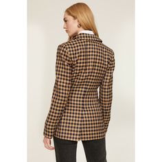 Brown plaid gabardine (48% Polyester, 26% Virgin Wool, 26% Acrylic). Blazer. Long sleeves. Collar. Front button closure. 36" from shoulder to hemline. Imported. Spring Plaid Blazer With Lapel Collar, Plaid Outerwear With Hidden Button Closure For Office, Preppy Fitted Winter Outerwear, Fitted Preppy Winter Outerwear, Fitted Preppy Outerwear For Winter, Plaid Blazer With Lapel Collar And Button Closure, Plaid Wool Outerwear For Spring, Spring Plaid Wool Outerwear, Fitted Plaid Blazer With Double Button Closure