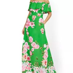 Nwt New York & Company Green & Pink Floral Off Shoulder Maxi Dress, Size Xxs Petite Pink Off-shoulder Maxi Dress With Floral Print, Off-shoulder Pink Floral Print Maxi Dress, Green Off-shoulder Flowy Maxi Dress, Green Off-shoulder Floral Maxi Dress, Feminine Fitted Green Maxi Dress, Fitted Feminine Green Maxi Dress, Casual Floor-length Pink Dress, Pink Off-shoulder Maxi Dress For Garden Party, Green Off-shoulder Maxi Dress For Spring