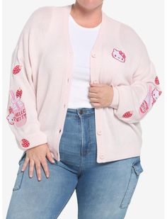 Hello Kitty Strawberry Milk Skimmer Cardigan Plus Size Hello Kitty Strawberry, Plus Size Hot, Cardigan Plus Size, Kitty Clothes, Space Outfit, Her Universe, Run It, Girls Cardigan, Strawberry Milk