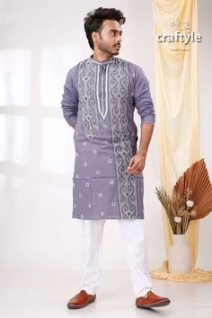 Presenting an exclusive Men's Kurta with hand embroidered kantha work. The unique multi-thread kantha embroidery design is entirely handcrafted on pure cotton panjabi by our skilled artisans. This beautiful Indian attire is suitable for any occasions and it will give you elegant ethnic look with ultimate comfort. Sleeve Length : Long Sleeves Design : Kantha Stitch Fabric : 100% Cotton Wash Care : Dry Clean recommended. -------------------------------- We regularly upload new premium products for Cotton Sherwani With Traditional Patterns, Purple Cotton Kurta For Eid, Cotton Sherwani With Dabka For Puja, Cotton Sherwani With Dabka Detailing For Puja, Cotton Sherwani For Puja, Traditional Cotton Kurta With Traditional Patterns, Embroidered Cotton Kurta For Puja, Embroidered Cotton Kurta For Traditional Ceremonies, Embroidered Multicolor Kurta For Puja