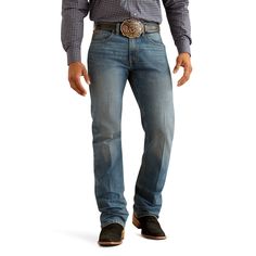 Cowboy tested, cowboy approved, our Pro Series jeans can handle hard work and hard wear. Twice as durable as traditional denim and reinforced in key areas, they have classic Western styling and a simple back pocket. The straight-leg M5 is fitted through the seat and thigh for a modern yet classic look. M5 Straight Stretch Pro Series Ray Straight | Product Features : 0 : Loop Lock® reinforces the back belt loop for extra durability, 1 : No-rub comfort inseam with flat construction, 2 : Heavy-duty Ariat Jeans Men, Ariat Jeans, Safety Clothing, Hard Work, Classic Looks, Straight Jeans, Straight Leg Jeans, Product Features, Mens Jeans