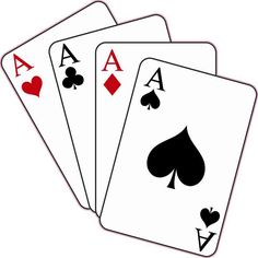 four playing cards with hearts and spades on each card are shown in black and white