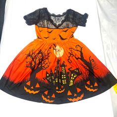 Halloween Costume Dress, Vintage Style, Pumpkin Pattern, Lace Short Sleeves, Back Zipper, Retro Style Halloween Dress Size: Womens Large Condition: New Without Tags *Holiday11/2459/.11.7 Bat Dress, Dress Halloween Costume, Short Lace Dress, Lace Short, Pumpkin Pattern, Halloween Dress, Costume Dress, Halloween Pumpkin, Dress Vintage