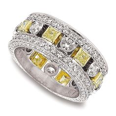 Jack Kelege KPBD664 Wedding Ring  Jack Kelege platinum diamond eternity band. Ring features a 3-row design with alternating fancy yellow diamonds and round brilliant set diamonds. Luxury Multi-stone Yellow Diamond Ring, Yellow Multi-stone Diamond Ring, Luxury Yellow Diamond Ring With Pave Setting, Yellow Multi-stone Diamond Ring For Anniversary, Anniversary Yellow Multi-stone Diamond Ring, Yellow Diamond Ring With Pave Setting, Yellow Diamond Ring With Pave Setting For Anniversary, Luxury Multi-stone Eternity Band For Anniversary, Platinum Wedding Ring