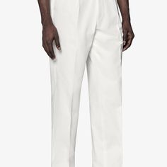 Elevate your ensemble with these high-rise, regular-fit pants in a subtle off-white, featuring a refined single pleat, secure button and hook closure, and sharp straight leg cut. White Dress Pants With Tapered Leg And Pockets, Classic White Tapered Leg Bottoms, White Tapered Leg Dress Pants With Pockets, White Straight Leg Pants For Formal Occasions, Classic White Wide Leg Pants, Formal White Wide Leg Bottoms, White Wide Leg Formal Bottoms, Classic White Cotton Dress Pants, Classic White Full-length Bottoms