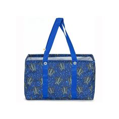 a blue and white bag with turtles on it's side, in front of a white background