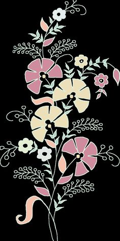 a black background with white and pink flowers on it's side, in the center is a stylized floral design