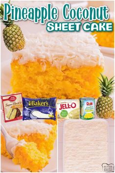 a pineapple coconut sheet cake with white frosting