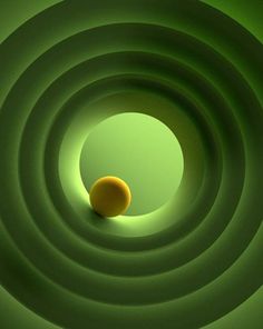 an orange sitting in the center of a circular tunnel with green light coming through it