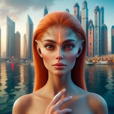 a woman with long red hair standing in front of a city