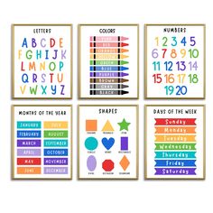 four colorful posters with numbers and shapes on them, each one has different colors in it