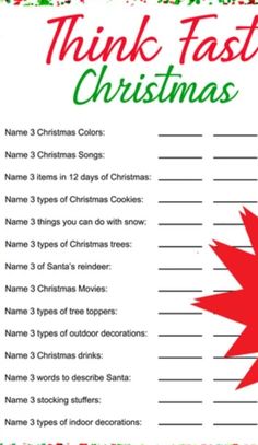 a printable christmas game with the words think fast christmas