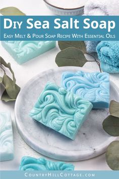 homemade soap recipe with essential oils, sea salt and eucalyptus leaves on a white plate