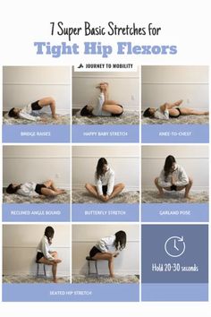 a woman sitting on top of a bed with her legs crossed and the words, super basic stretches for tight hip flexors