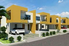 an artist's rendering of a row of yellow and white townhouses