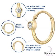 This versatile 14k gold Lila Moon clicker earring sports an eye-catching cubic zirconia stone to add a little sparkle to any ensemble. This versatile 14k gold Lila Moon clicker earring sports an eye-catching cubic zirconia stone to add a little sparkle to any ensemble. Length: 10 mm Nickel free Metal: 14k gold Finish: polished Packaging: pouchSTONE DETAILS Stone type: cubic zirconia Total weight: less than 1/10 ct. Shape: round Setting: bezel Gemstones may have been treated to enhance their appe Hypoallergenic 14k Gold Diamond White Jewelry, Hypoallergenic Round Diamond Jewelry, Gold Huggie Jewelry With Single Diamond, Gold Huggie Diamond Earrings With Halo, Gold Diamond Hoop Earrings With Bezel Setting, Gold Huggie Halo Diamond Earrings, Gold Halo Huggie Diamond Earrings, Gold Hypoallergenic Diamond Earrings, Hypoallergenic Yellow Gold Round Diamond Earrings