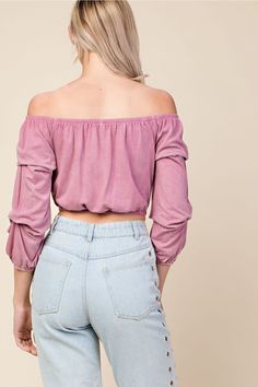 This flirty & fun crop top is perfect for day or night. It features an elastic off the shoulder neckline, 3/4 sleeves and a soft stretchy fabric. It is perfect for pairing with high-waisted jeans, mini skirts, and more! Extra Small Bust 32" : Small Bust 34" Medium Bust 36" : Large Bust 38" 48% Cotton 48% Modal 4% Spandex hand wash cold Casual Stretch Cropped Off-shoulder Top, Casual Cropped Off-shoulder Top For Day Out, Stretch Off-shoulder Crop Top, Casual Spring Cropped Off-shoulder Top, Trendy Stretch Off-shoulder Top For Spring, Spring Stretch Crop Off-shoulder Top, Spring Off-shoulder Stretch Crop Top, Spring Stretch Off-shoulder Crop Top, Spring Cropped Off-shoulder Stretch Top