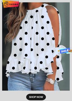 Cold Shoulder Loose Vacation Polka Dots Blouse Polka Dot Sleeveless Casual Blouse, Casual Sleeveless Polka Dot Blouse, Summer Polka Dot Blouse With Ruffles, Summer Ruffled Polka Dot Blouse, Sleeveless Polka Dot Blouse For Spring, Summer Sleeveless Polka Dot Blouse, Sleeveless Polka Dot Blouse For Summer, Polka Dots Blouse, Spring Vacation