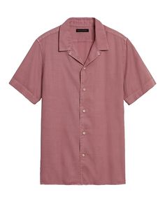 Banana Republic Summer Washed Button-up Shirt, Casual Washed Linen Shirt, Spring Linen Tops, Pink Cotton Shirt With Camp Collar, Classic Cotton Camp Shirt For Vacation, Pink Shirt With Spread Collar For Summer, Pink Spread Collar Shirt For Summer, Pink Summer Shirt With Spread Collar, Unstructured Short Sleeve Shirt With Spread Collar For Summer